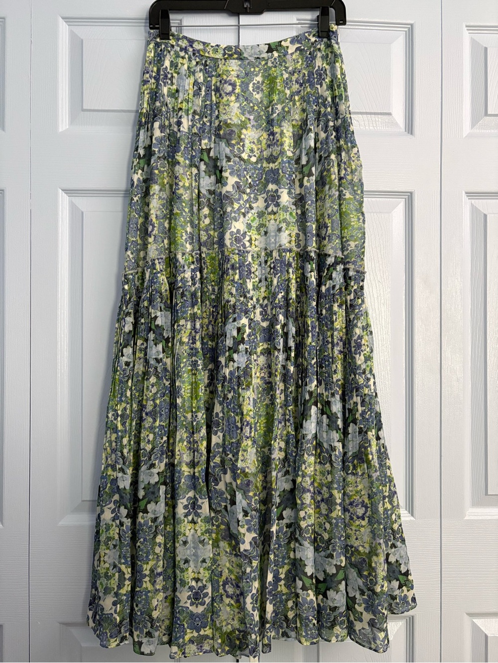 Marchesa Floral Tiered Maxi Skirt in Green, Blue and White